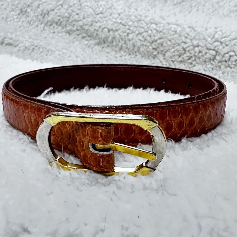 Milor genuine snake 🐍 skin caramel belt, gold & silver slim buckle S/M EUC!